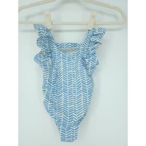 Vineyard Vines Toddler Girls Ruffle Herringbone 1 Pc Swimsuit 4T Sky Blue White